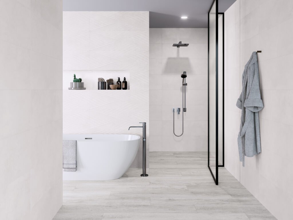 Sèrie Lenk Porcelain | Porcellànic Antilliscant (Grip / C3) · 32x28 cm / 19,5x121 cm | Peronda — ambient 2