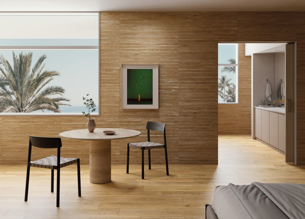 Sèrie Verbier Porcelain | Porcellànic Relleu / 3D · 27,5x24 cm / 8x151 cm | Peronda — ambient 11