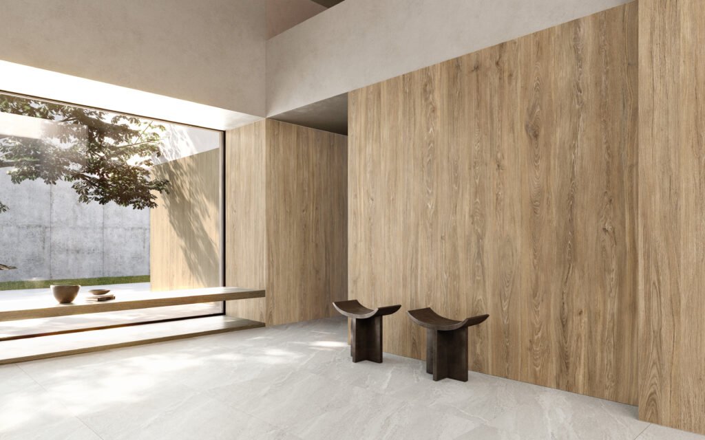 Sèrie Verbier Porcelain | Porcellànic Relleu / 3D · 27,5x24 cm / 8x151 cm | Peronda — ambient 1