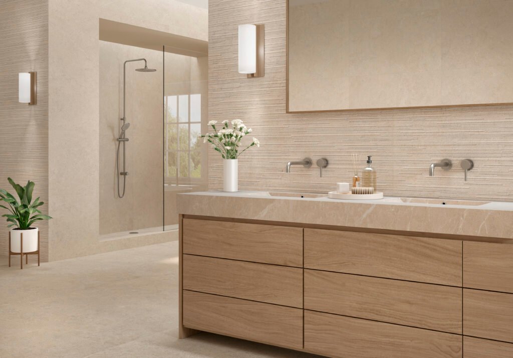 Sèrie Versa Porcelain | Porcellànic Relleu / 3D · 100x100 cm / 60x120 cm | Peronda — ambient 2