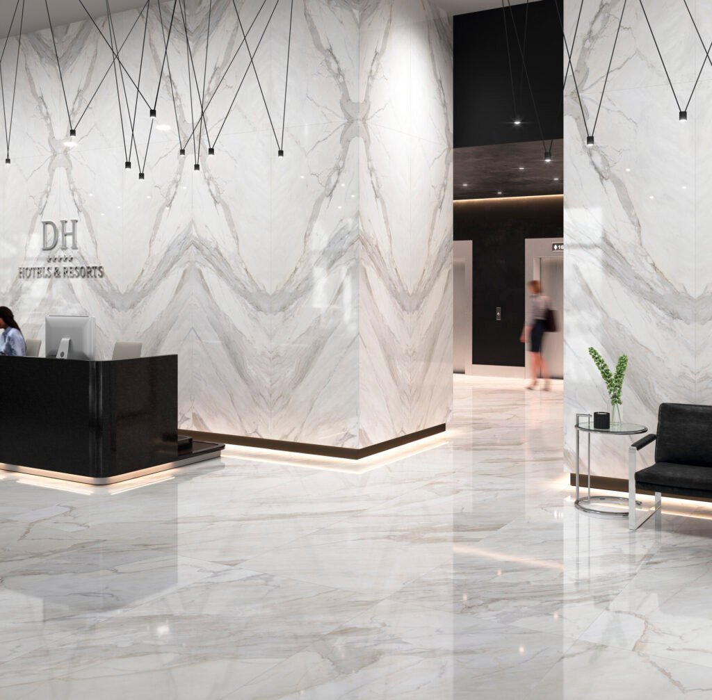 Sèrie Calacata | Efecte Marbre · 50x100, 60x120, 100x100, 120x120, 81x324, 100x300, 120x260, 120x278, 160x320 i 162x324 cm | Coverlam · ambient